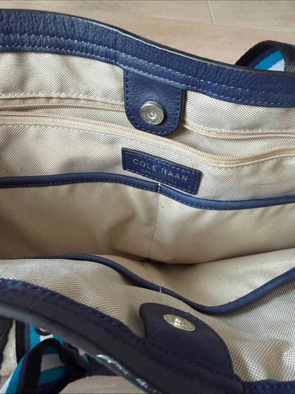 Cole Haan Cream Canvas Tote with Blue and Teal Striped Handles